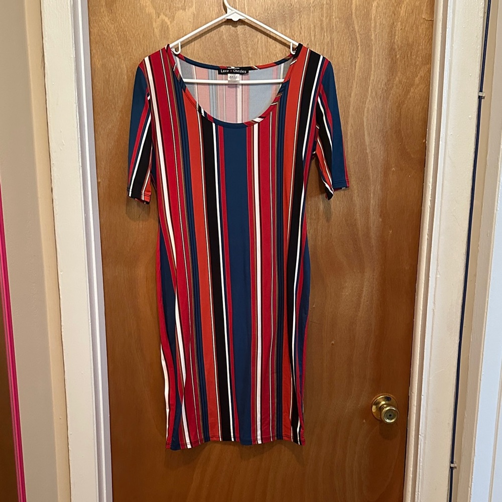 Red and Blue Striped Midi Dress